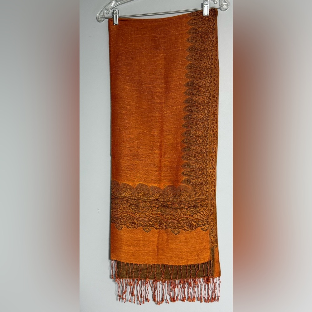 Pashmina-Orange Scarf/Wrap Paisley Gold Accent Border w/Tassels